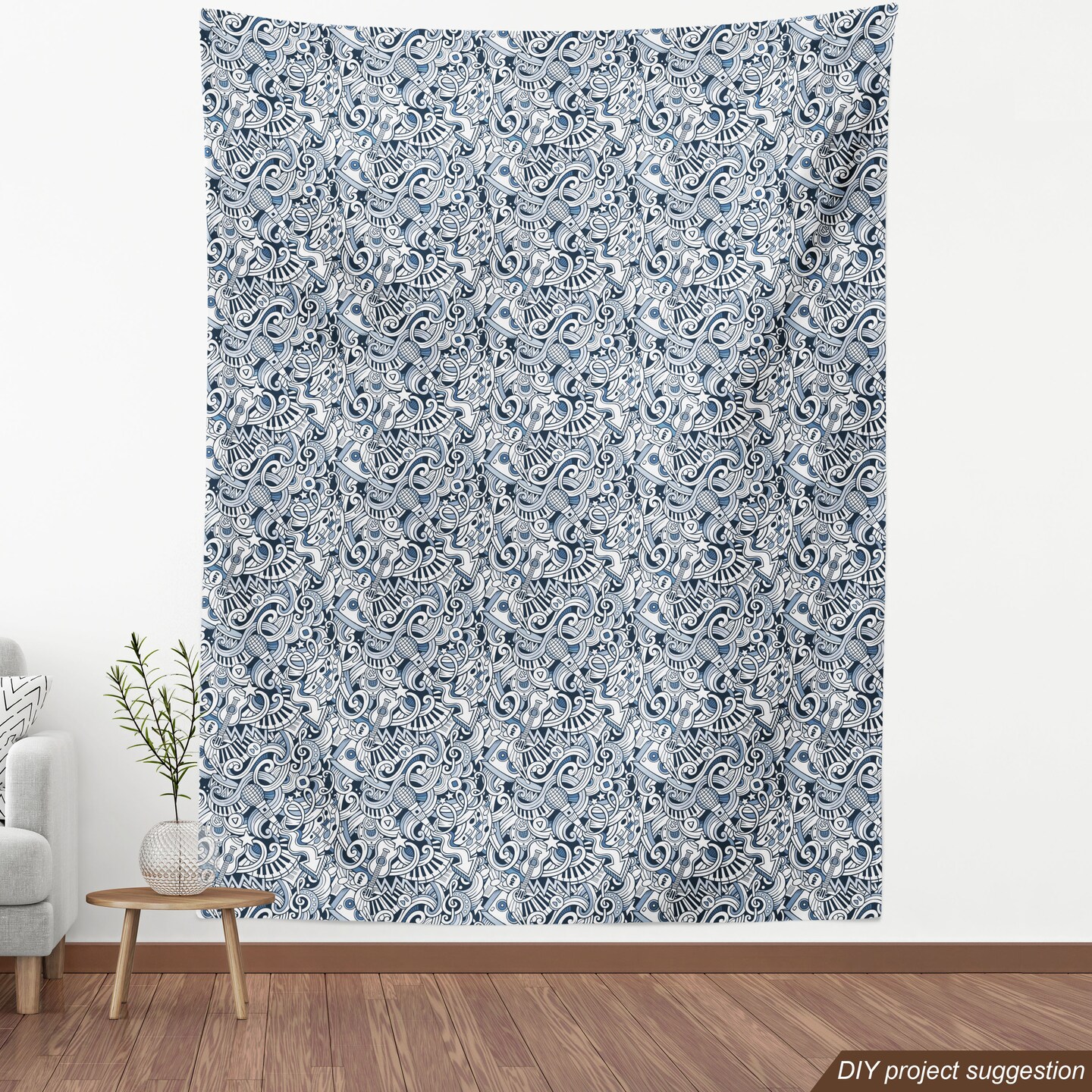 Ambesonne Popstar Party Fabric by The Yard, Cartoon Style Hand Drawn Doodles Music Theme Line Art Print, Decorative Fabric for Upholstery and Home Accents, 3 Yards, Blue White