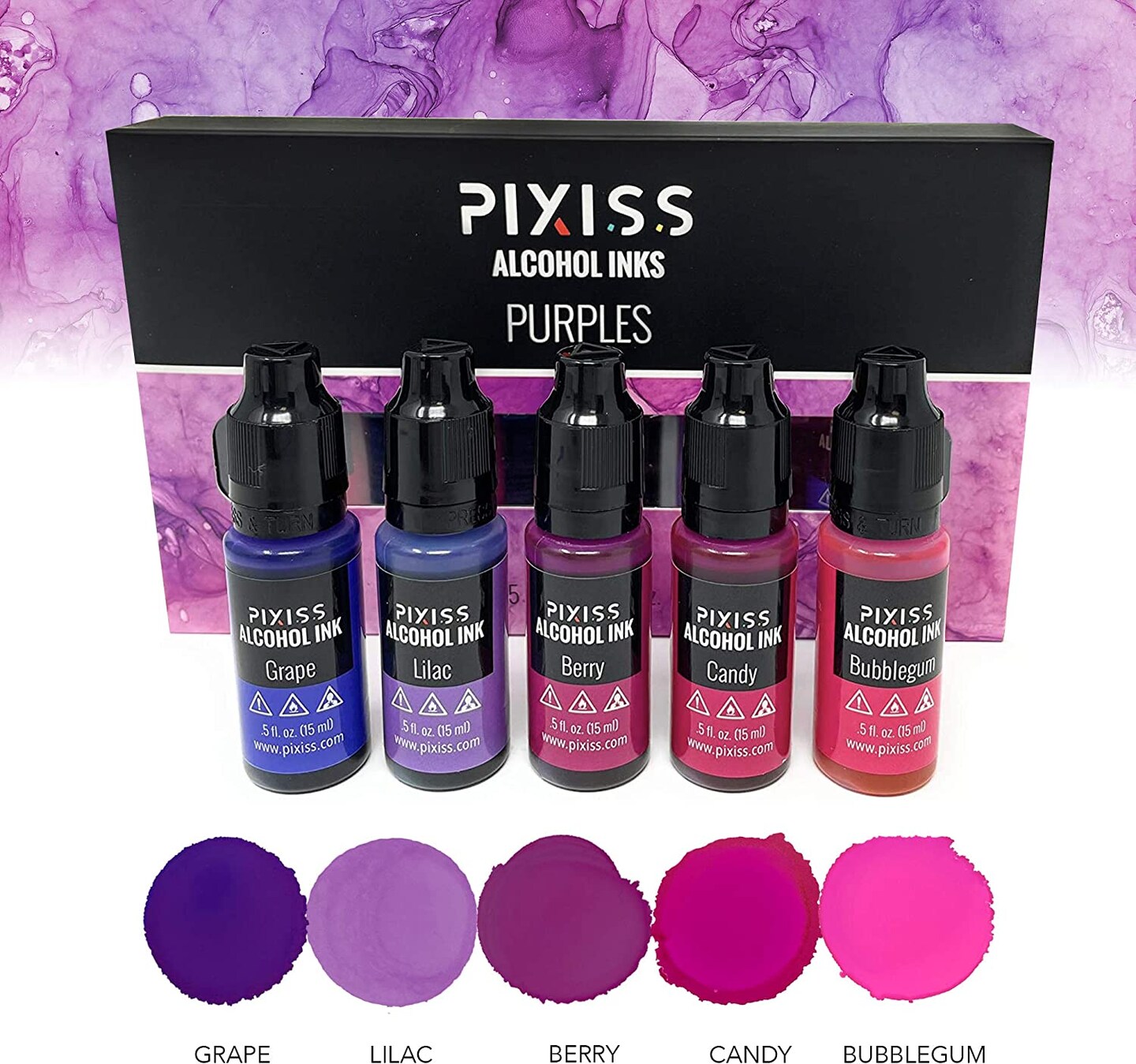 Pixiss Purples Alcohol Inks Set, 5 Highly Saturated Purple Alcohol Inks for Resin