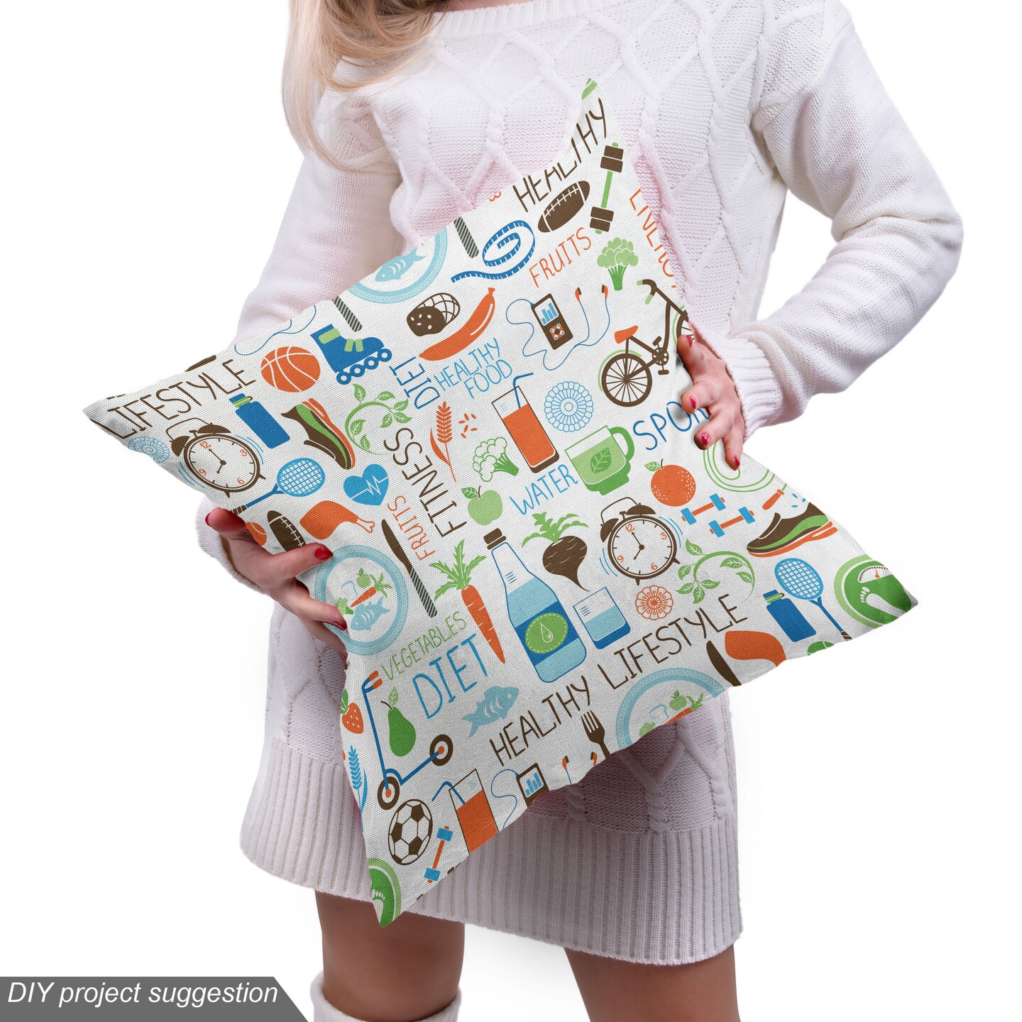 Ambesonne Fitness Fabric by The Yard, Sports and Diet Balance Nutrition Bicycle Organic Fresh Food Poultry Juice Vitality, Decorative Fabric for Upholstery and Home Accents, 1 Yard, Blue Orange