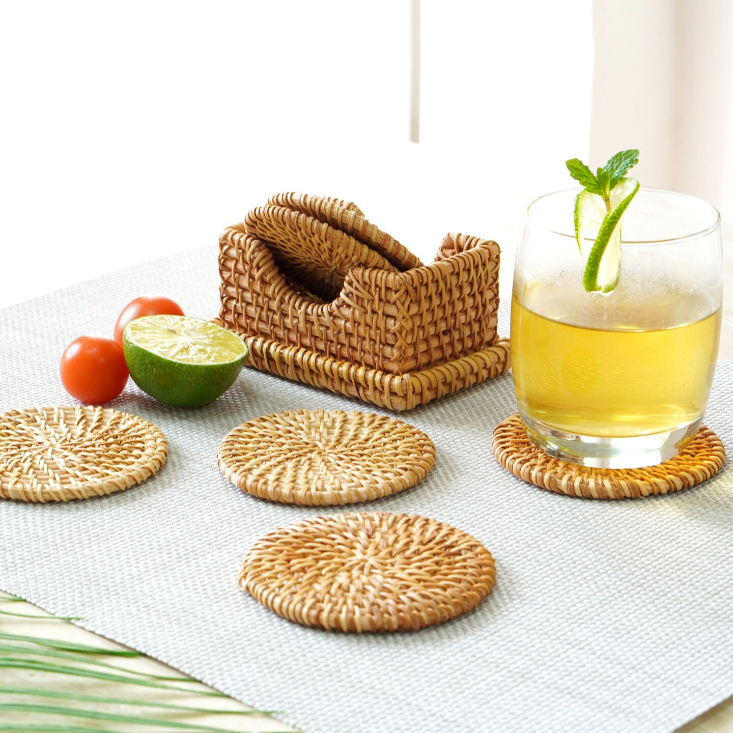 Honey Brown Set of 6 Round Natural Rattan Placemats with Rectangular Holder