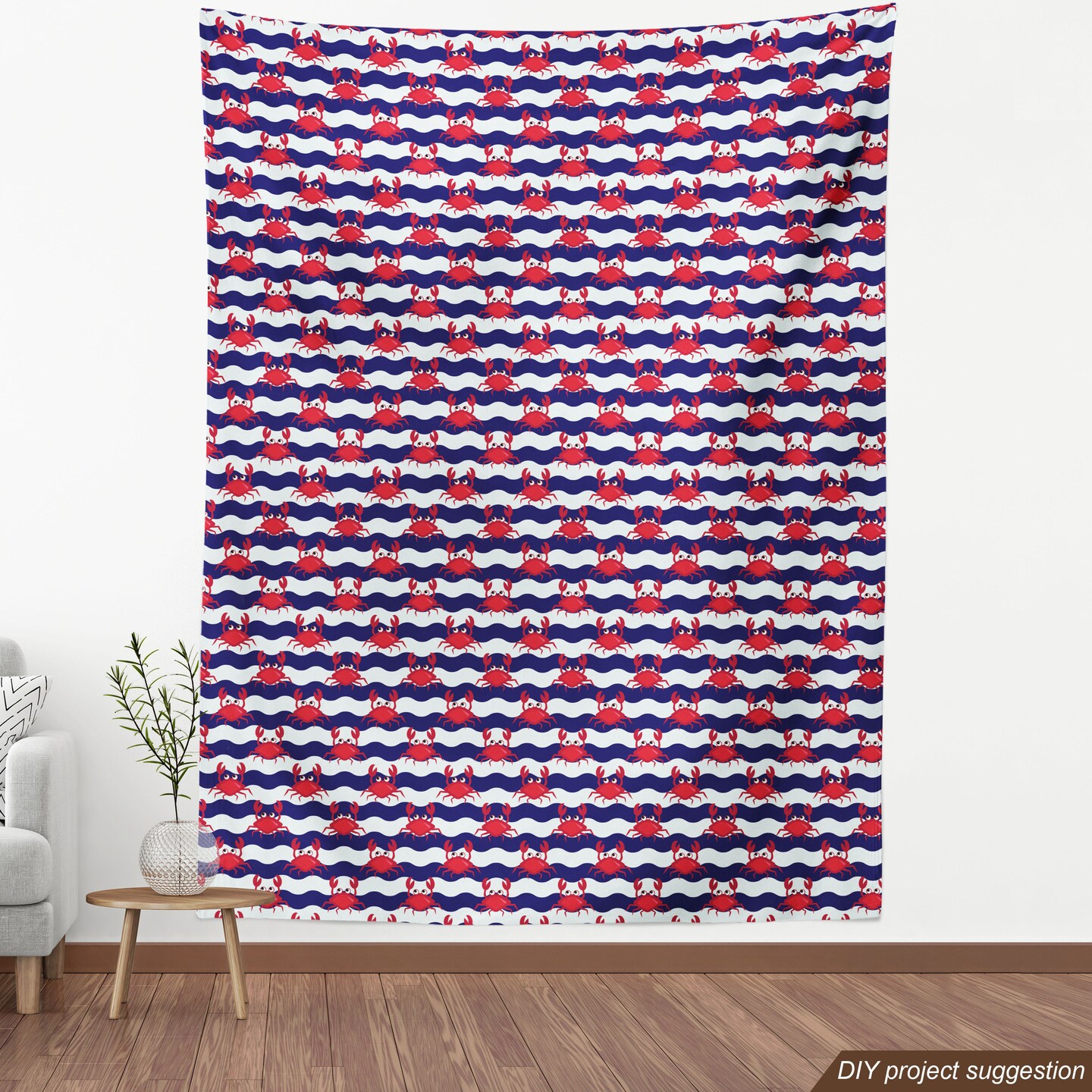 Ambesonne Crabs Fabric by The Yard, Nautical Maritime Theme Crabs on Striped Background Illustration Print, Decorative Fabric for Upholstery and Home Accents, 3 Yards, Red Blue