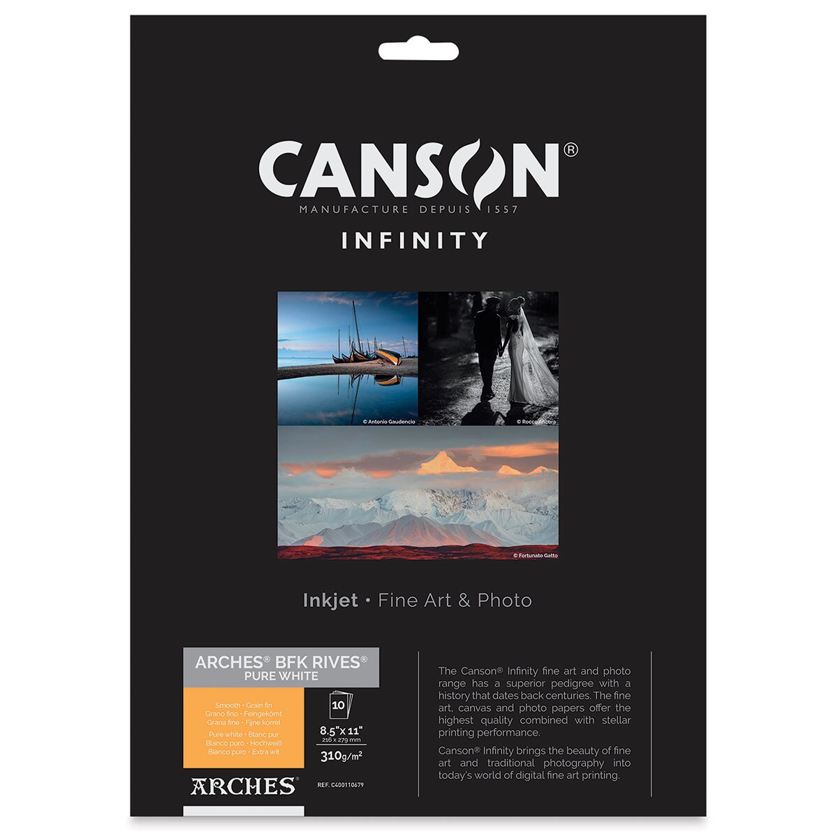 Canson Infinity Arches BFK Rives Inkjet Fine Art and Photo Paper - 8-1/2&#x22; x 11&#x22;, Pure White, 310 gsm, Package of 10
