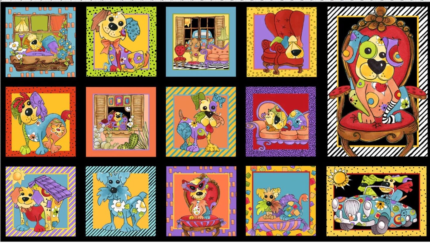 Loralie Designs Joy Dog Fabric Panel 24 x 43 Cotton Fabric for Quilting