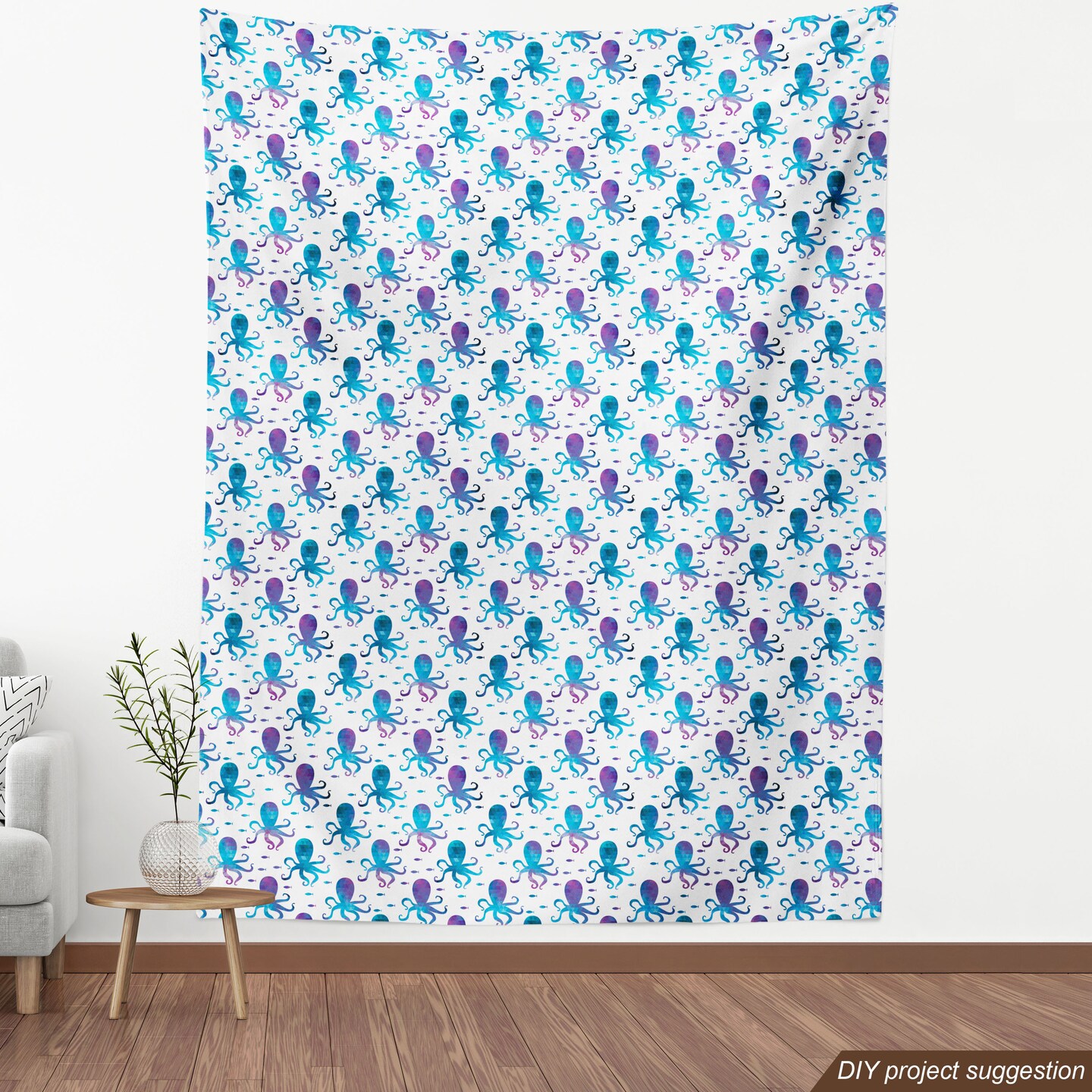 Ambesonne Octopus Fabric by The Yard, Mosaic Pattern Marine Animal Silhouettes Abstract Nautical Polygonal Design, Decorative Fabric for Upholstery and Home Accents, 3 Yards, White Purple