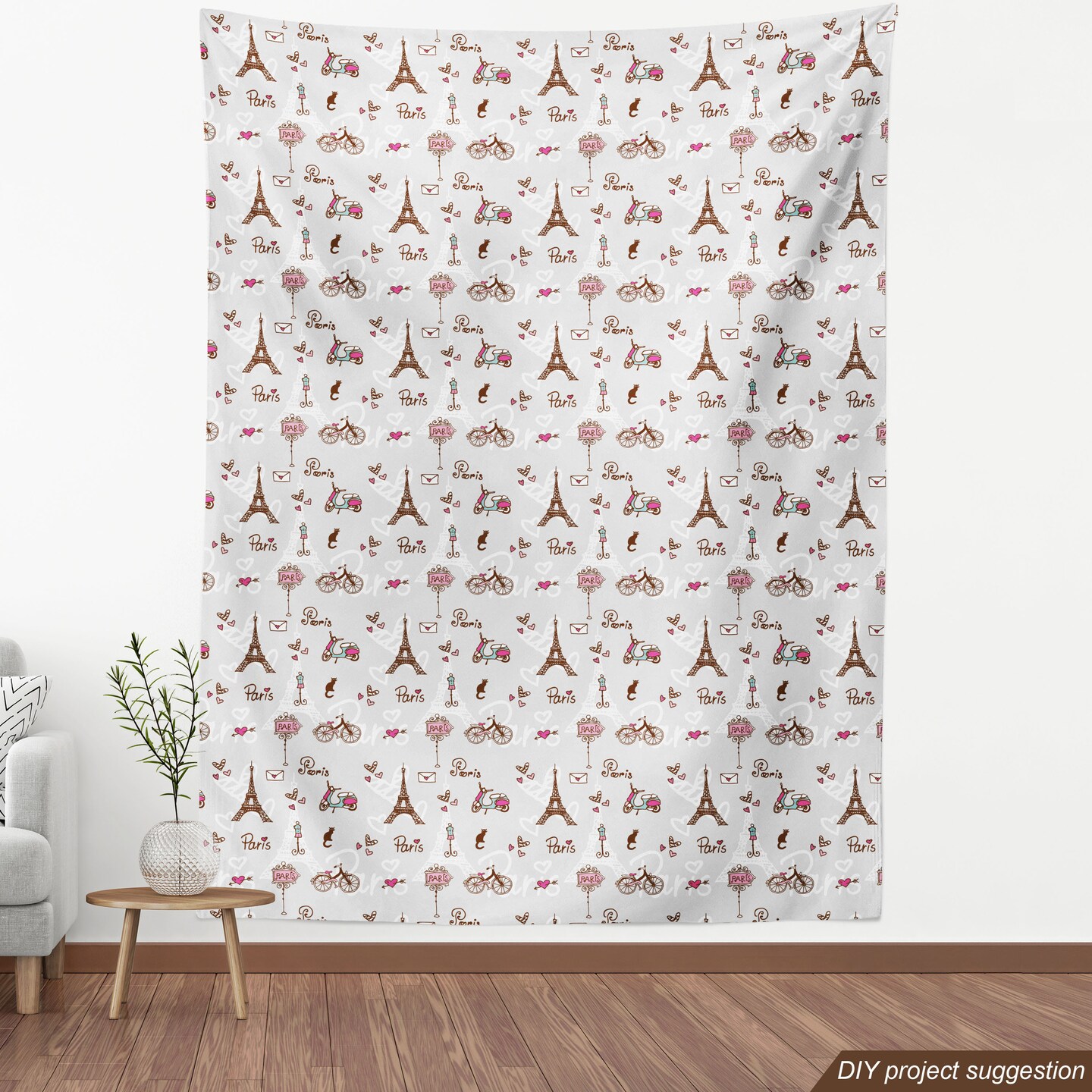 Ambesonne Paris Fabric by The Yard, Romance Language Capital of Love Eiffel Heart Fashion City Girlish Print, Decorative Fabric for Upholstery and Home Accents, 3 Yards, Redwood Pearl