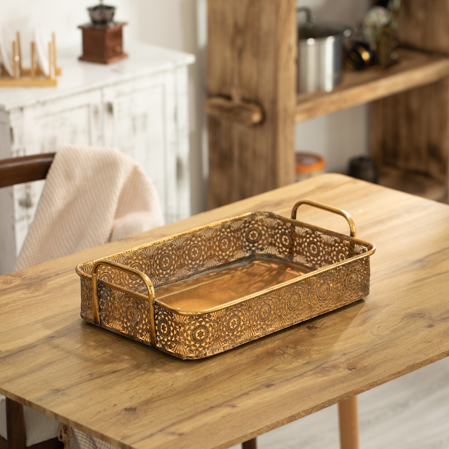 Metal Gold Rectangular Serving Tray with Oval Design and Handles