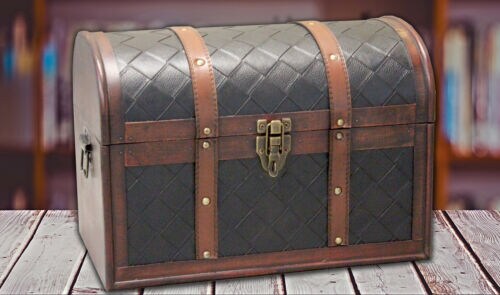 Wooden Leather Round Top Treasure Chest, Decorative storage Trunk with Lockable Latch
