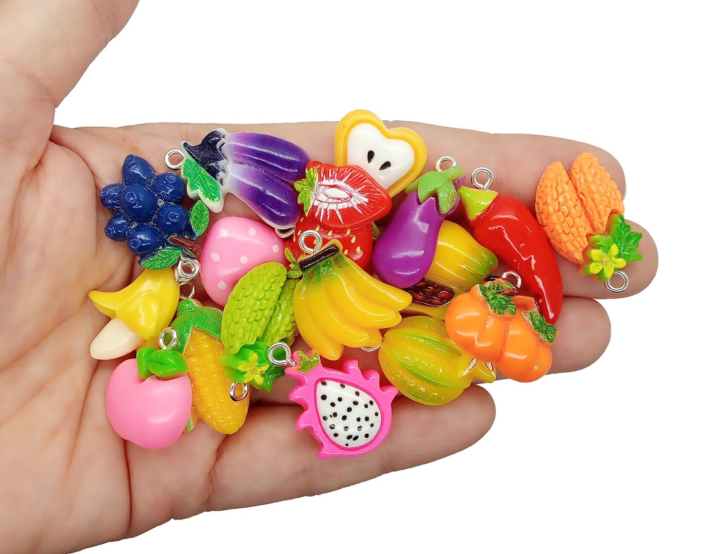 Fruit and Vegetable Charms, 20 piece Mix, Resin Cabochon Food Pendants, Adorabilities