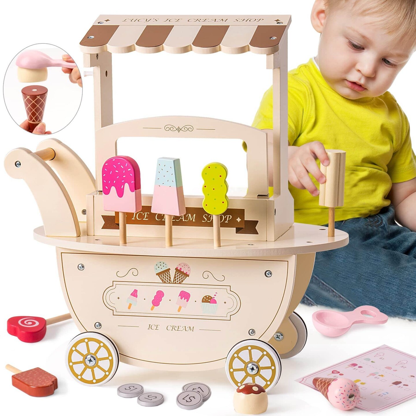 Robotime Pretend Play Ice Cream Cart Wooden Playset Toy Candy Cart