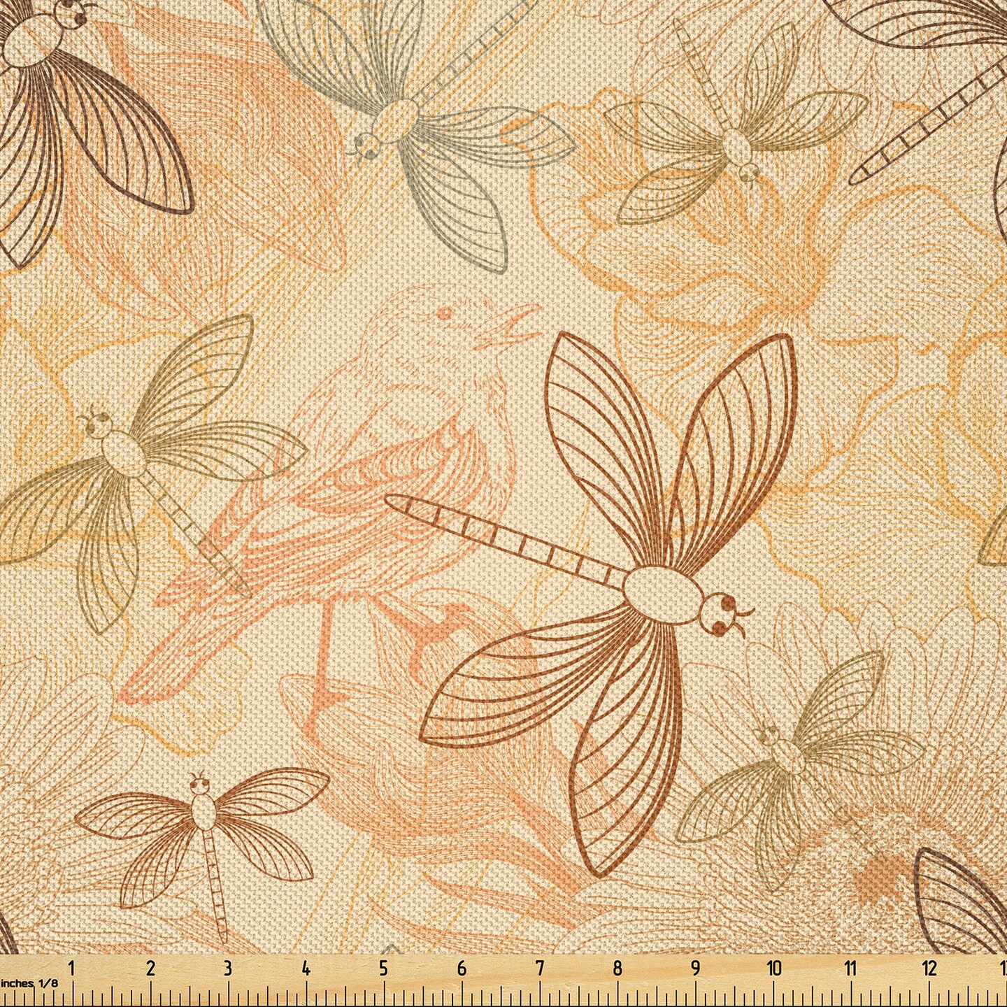 Ambesonne Vintage Fabric by The Yard, Birds and Dragonflies with