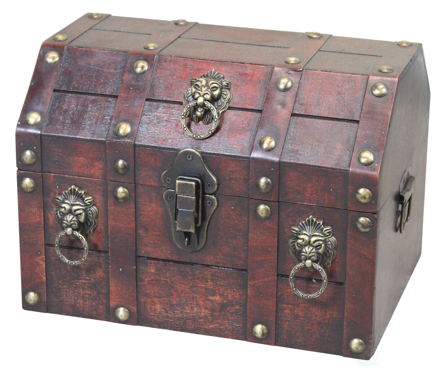 Antique Wooden Pirate Treasure Chest with Lion Rings and Lockable Latch