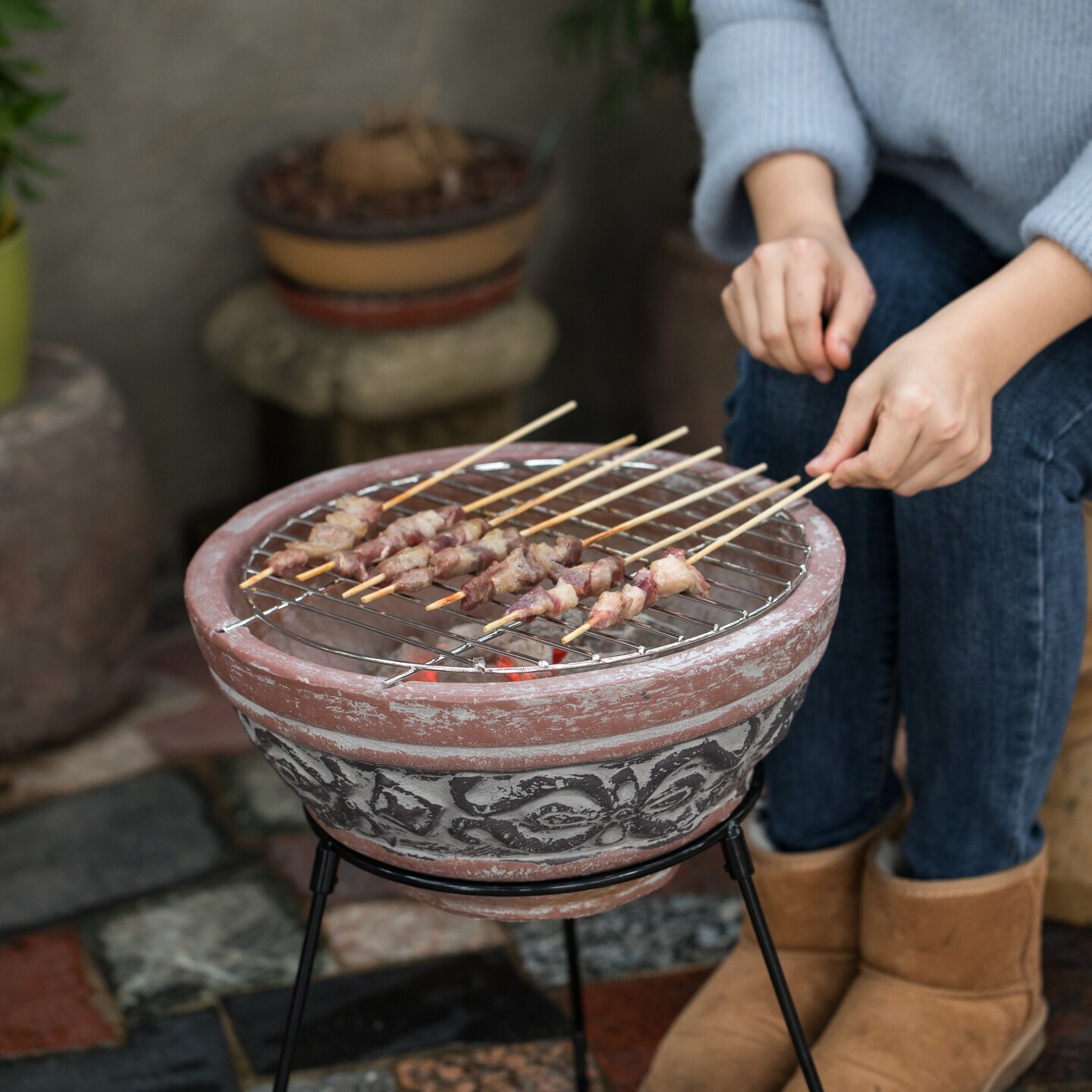 Outdoor Small Red and Gray Clay Grill Accent Design Charcoal Burning Fire Pit with Sturdy Metal Stand, Barbecue, Cocktail Party, Family Gathering, Cozy Nights Fire Pit