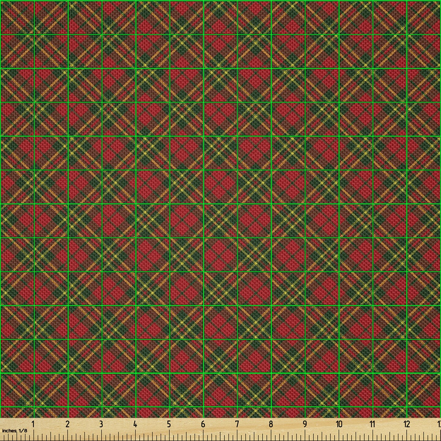 Ambesonne Checkered Fabric by The Yard, Irish Tartan Plaid Motifs Christmas Vibes of Geometrical Stripes, Decorative Satin Fabric for Home Textiles and Crafts, 1 Yards, Emerald Yellow Vermilion