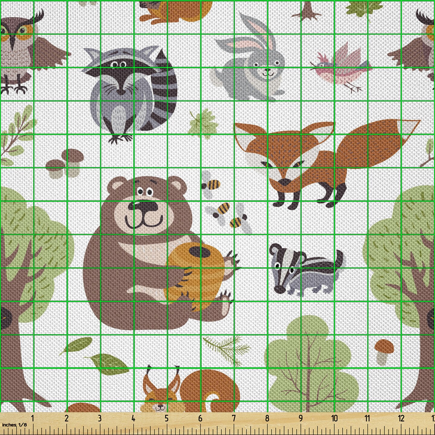Ambesonne Forest Fabric by The Yard, Doodle Woodland Creatures as Honey Bear Rabbit Fox and Raccoon in Nature Habitat, Decorative Satin Fabric for Home Textiles and Crafts, 1 Yards, Multicolor