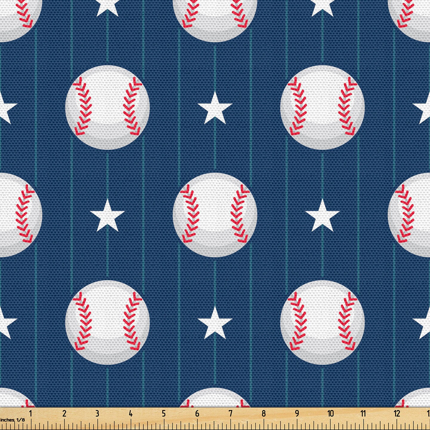Ambesonne Sports Fabric by The Yard, Baseball Patterns on Vertical Striped Background Stars Design, Decorative Fabric for Upholstery and Home Accents, 1 Yard, Blue Red