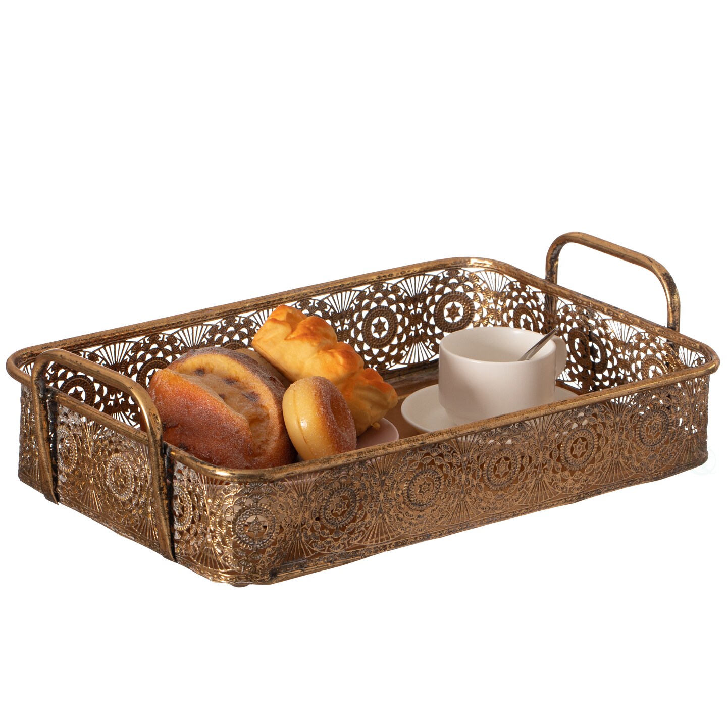 Metal Gold Rectangular Serving Tray with Oval Design and Handles