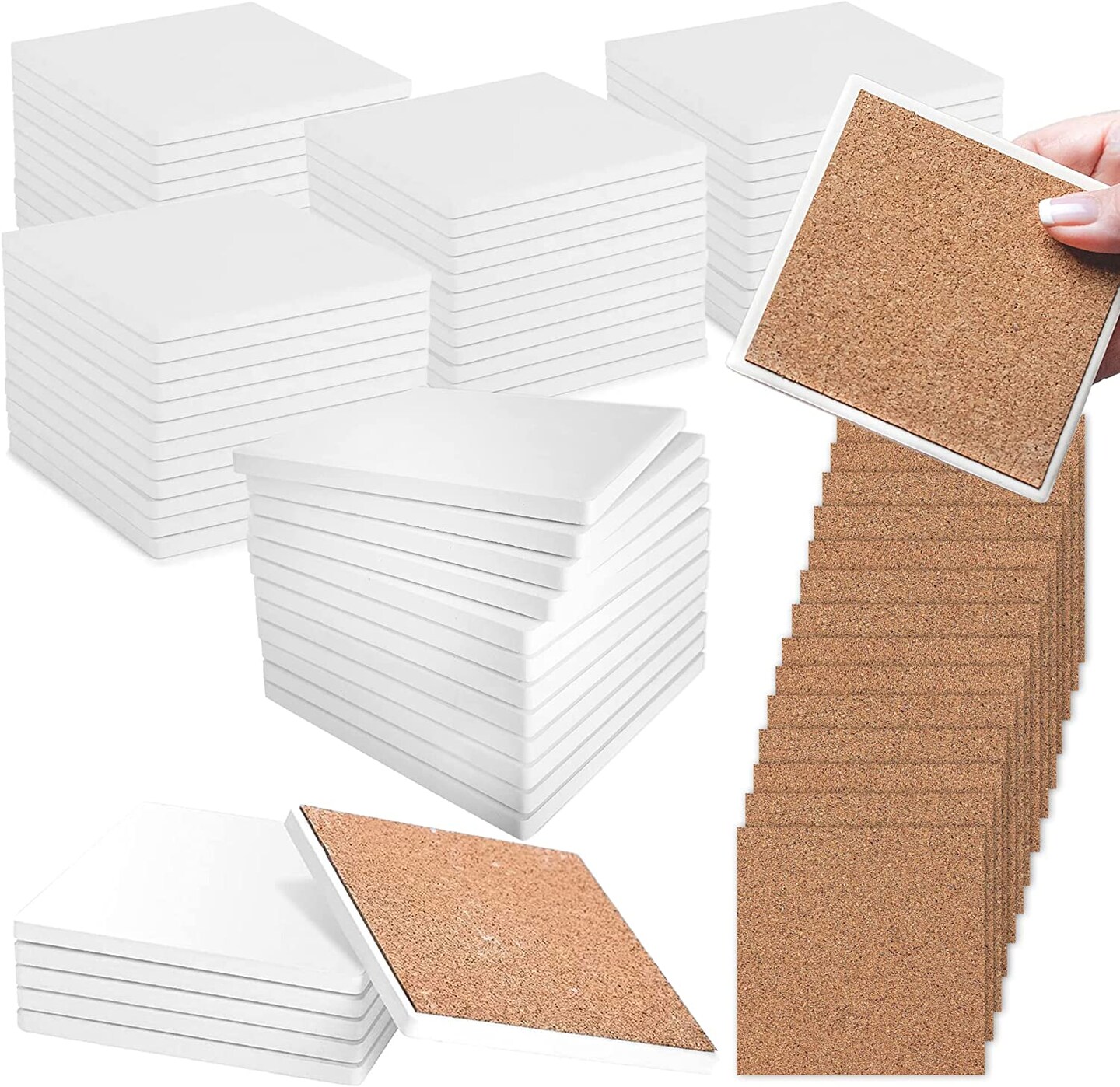Pixiss 100 Pack Square Ceramic White Tiles Unglazed 4x4 with Cork Backing Pads