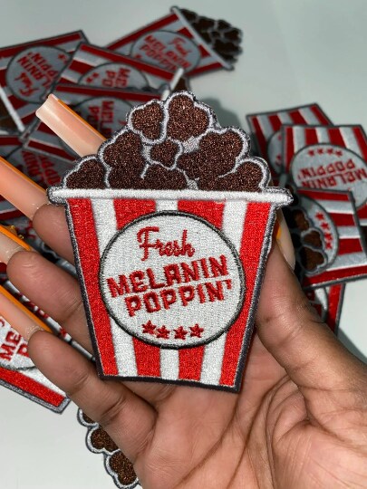 Patch Party Club “Melanin Poppin Popcorn” Iron-On Embroidered Patch, Size 3.5”