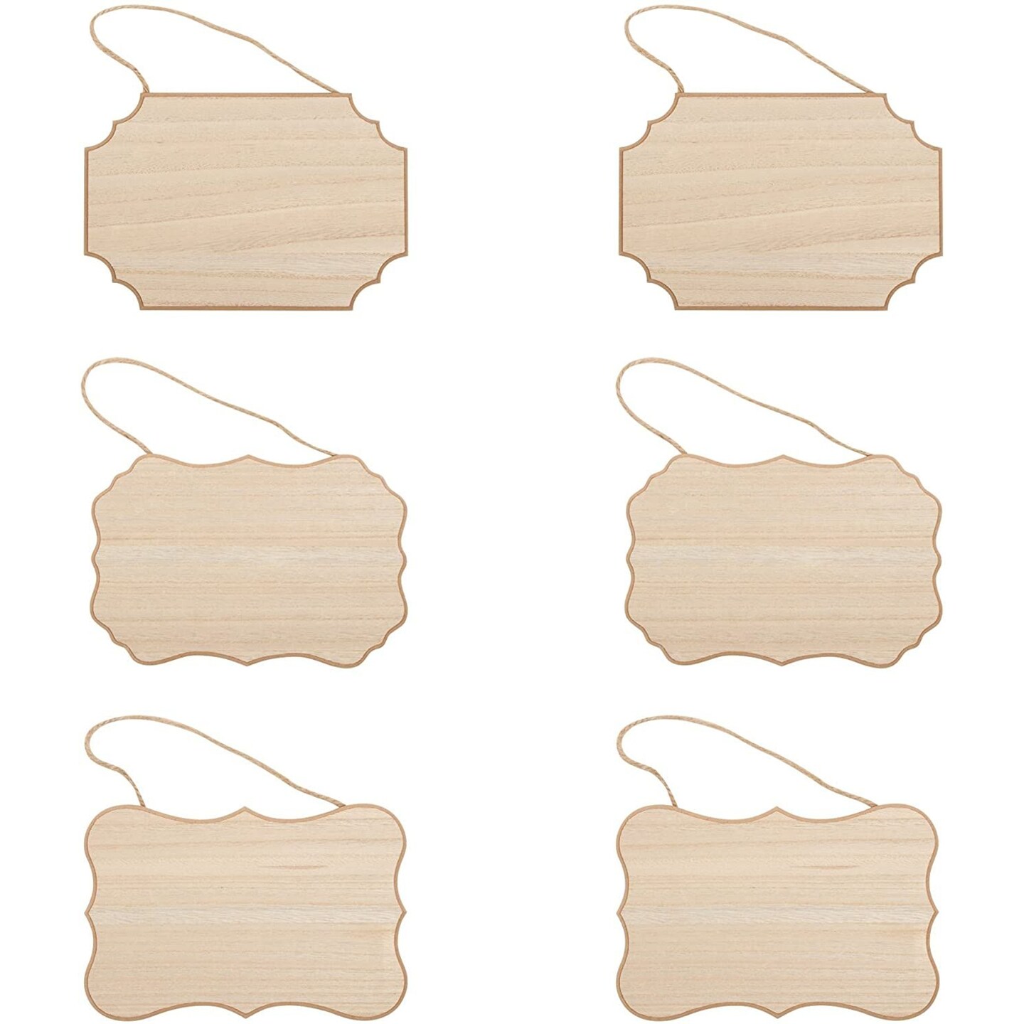6-Pack of Unfinished MDF Hanging Wood Plaques for Crafts with Jute Rope,  Blank 9x6-Inch, 1/4-Inch Thick Wooden Sign for DIY Painting, Art Projects,  Home Decor, 3 Designs 