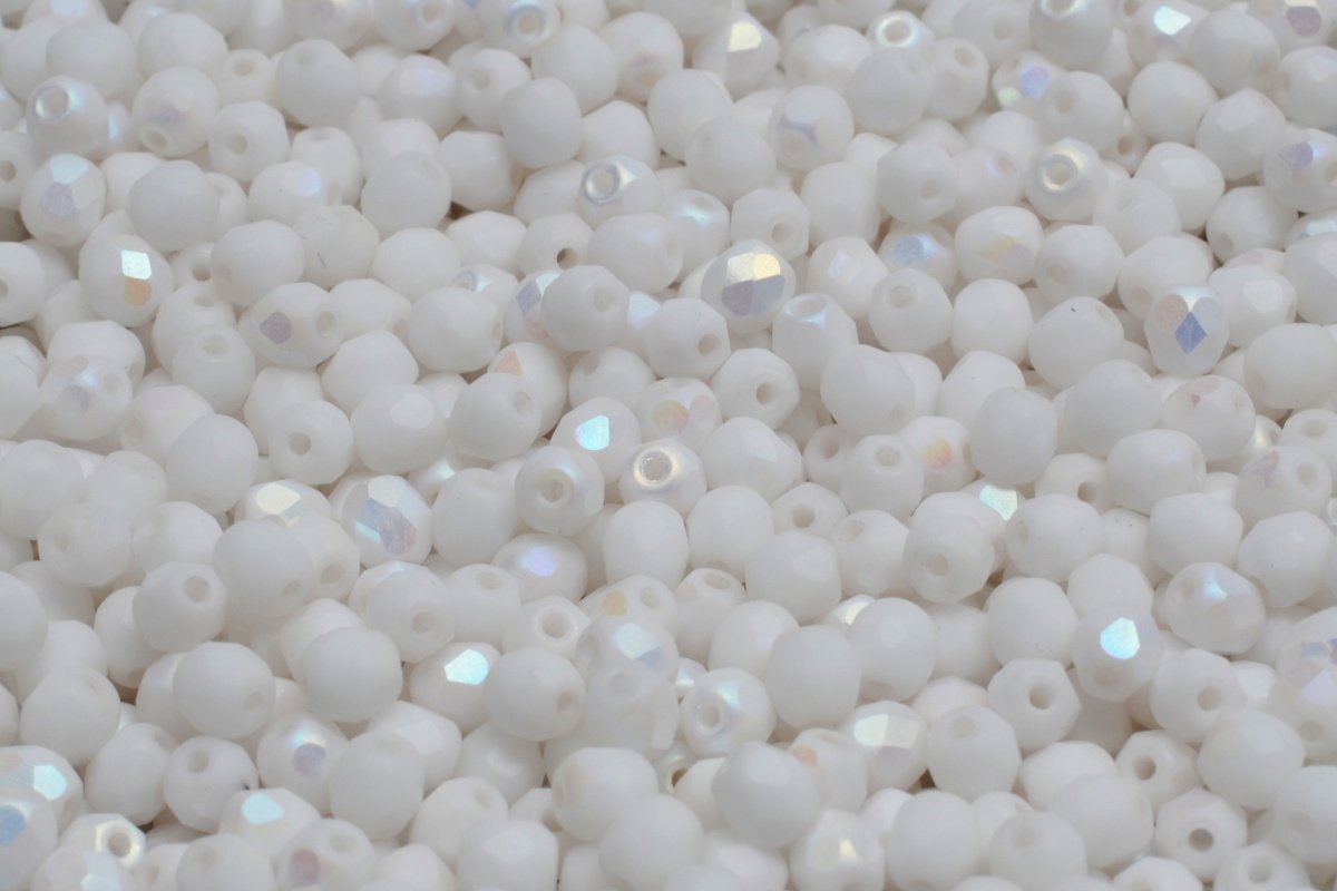 4mm Czech Fire Polish Round Bead, Matte Opaque White AB, 50 pieces