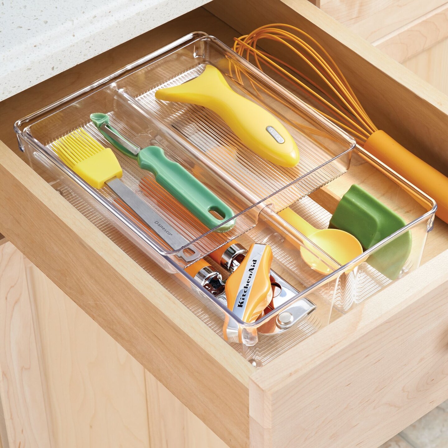 mDesign 2 Piece Plastic Stackable Kitchen Drawer Organizer with Top Tray
