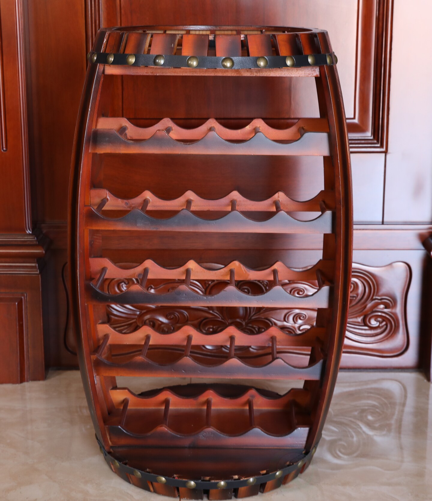 Rustic Barrel Shaped Wooden Wine Rack for 23 Bottles