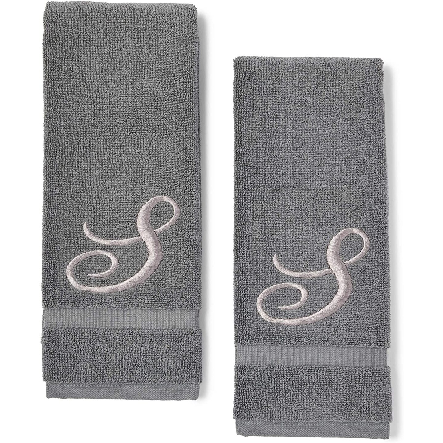 Monogrammed Hand Towel, Embroidered Letter S (Grey, 16 x 30 in, Set of 2)