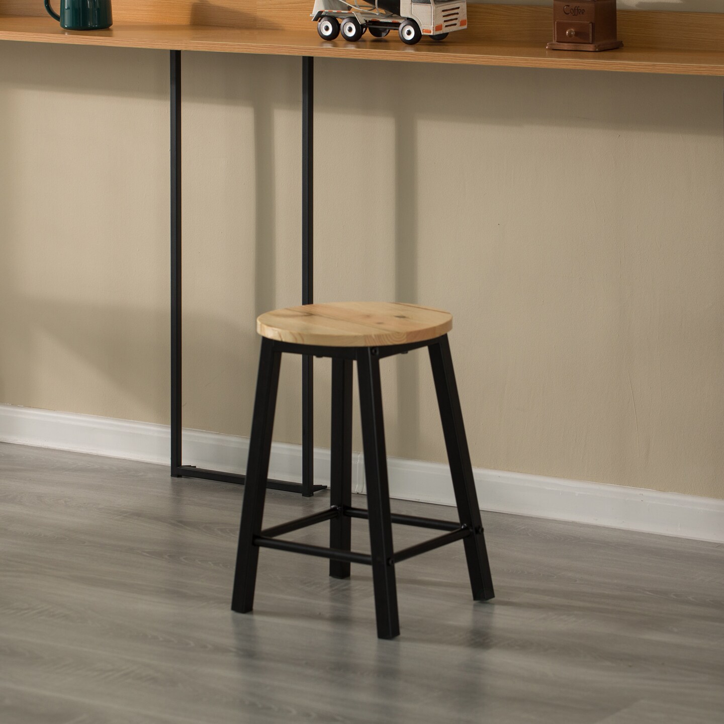 Wooden 17.5&#x22; High Black Round Bar Stool with Footrest for Indoor and Outdoor