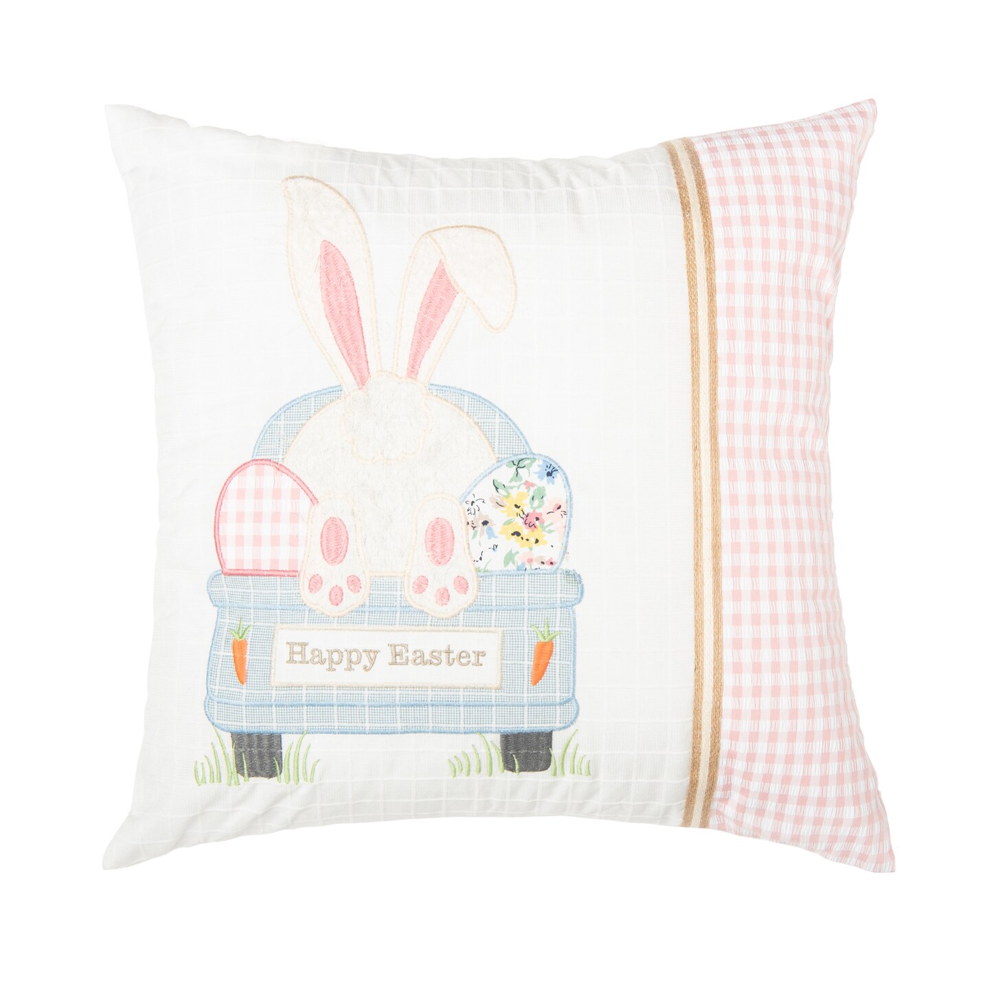 18&#x22; x 18&#x22; Happy Easter Bunny Eggs Embroidered Throw Pillow