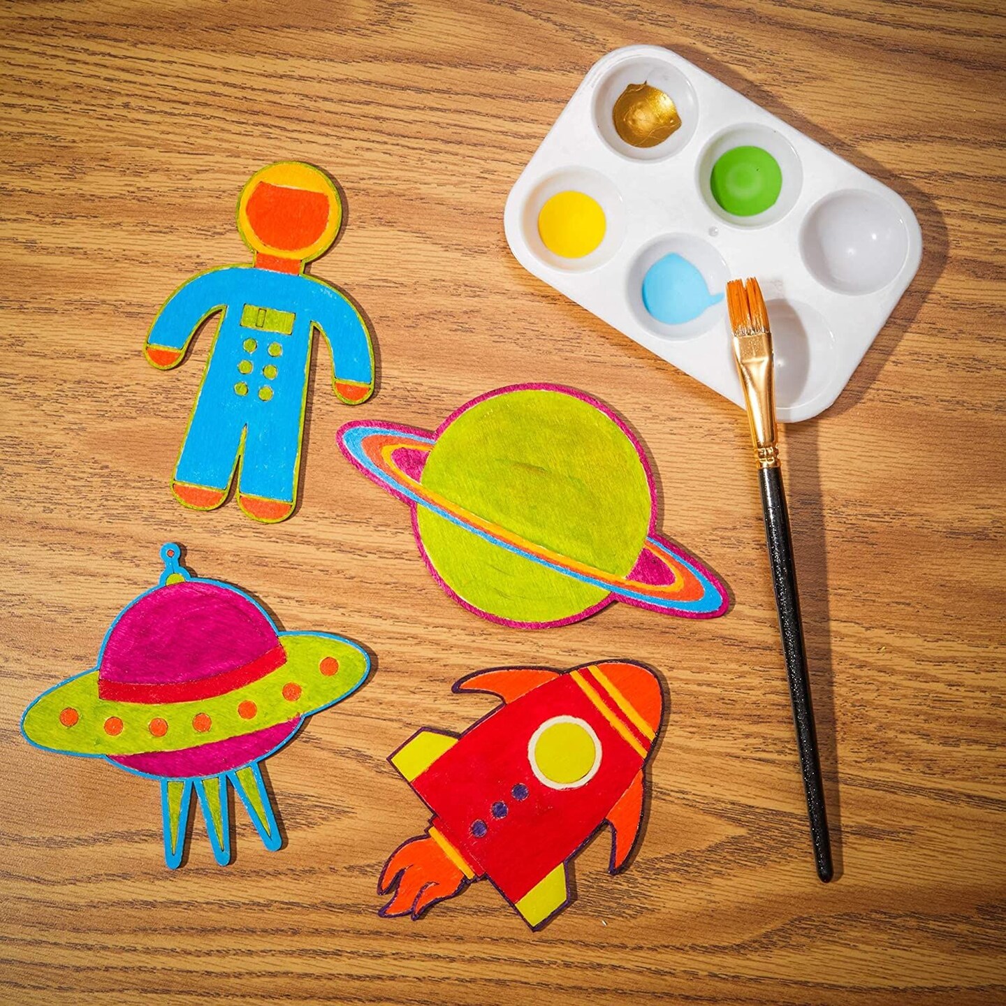 24 Pack Unfinished Wood Cutouts for Outer Space Crafts, Wooden UFO, Astronaut, Planet, Rocket Ship (5.5 x 4.6 In)