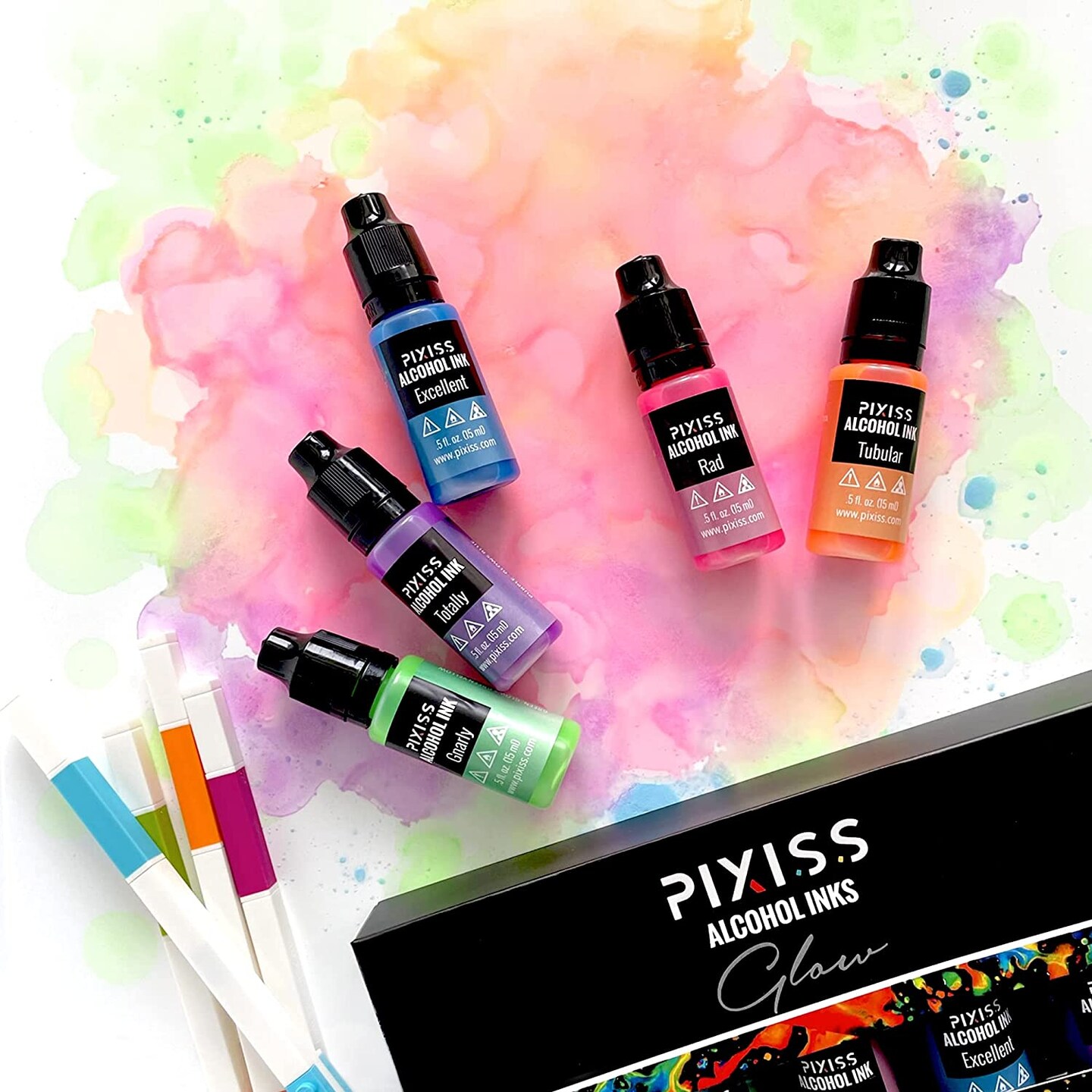 Pixiss Glow In The Dark Alcohol Inks Set, 5 Highly Saturated Glow In The Dark Inks
