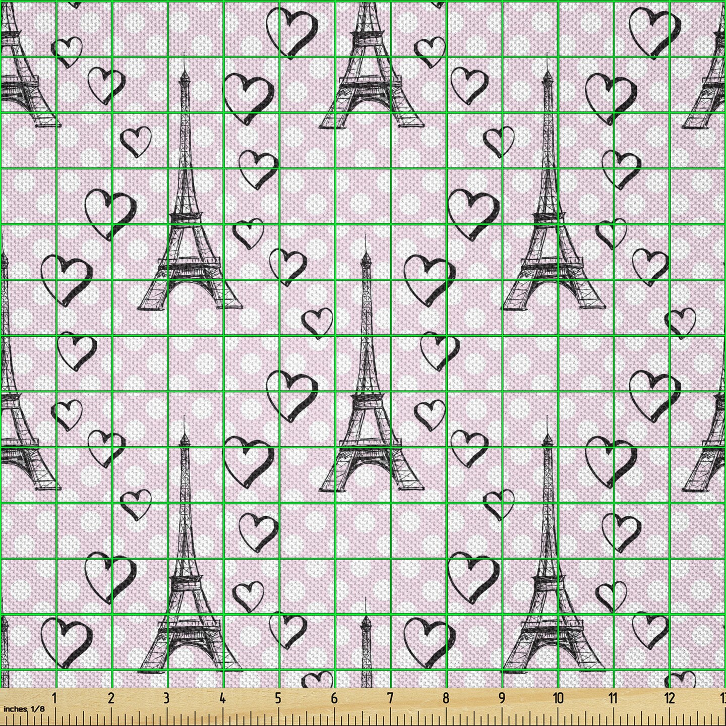Ambesonne Eiffel Fabric by The Yard, Polka Dot Pattern with Sketchy Eiffel Tower and Romantic Hearts, Decorative Satin Fabric for Home Textiles and Crafts, 1 Yards, Pale Pink Black White