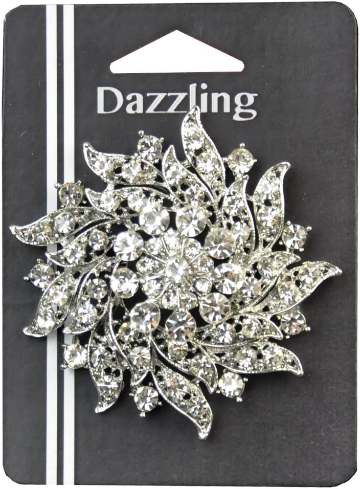 Belagio Rhinestone Brooch, 2.5" Diameter, 1 Piece, Sunburst, Silver/Crystal