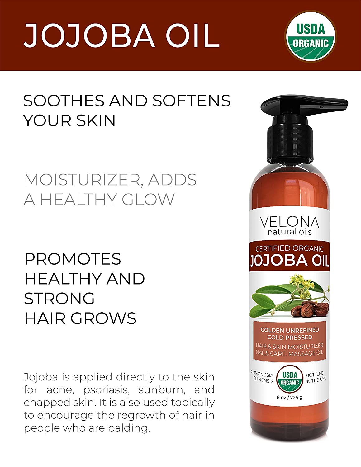 Velona Jojoba Oil USDA Certified Organic - 8 oz | 100% Pure and Natural Carrier Oil| Golden, Unrefined, Cold Pressed, Hexane Free | Moisturizing Face, Hair, Body, Skin Care, Stretch Marks, Cuticles | Use Today - Enjoy Results