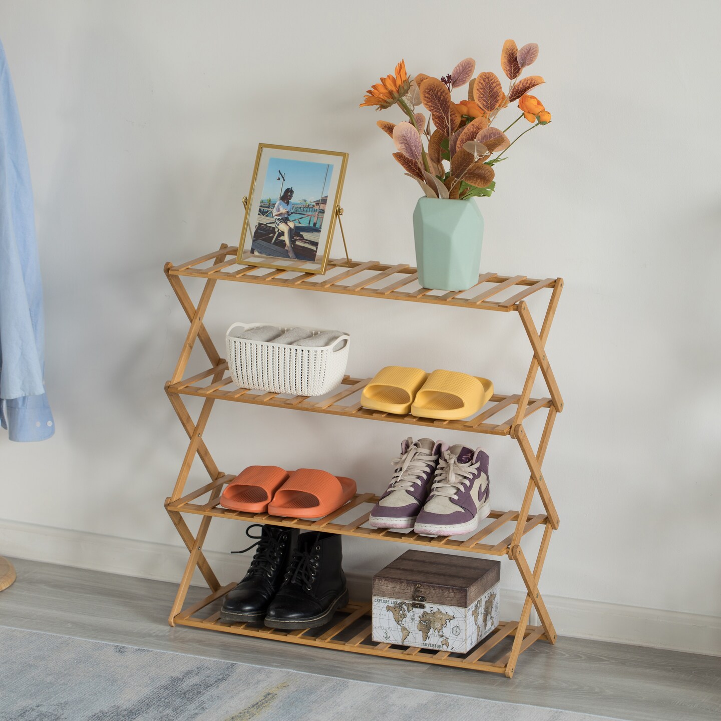 Bamboo Foldable Shoe Rack, Free Standing Shoe Organizer Storage Rack