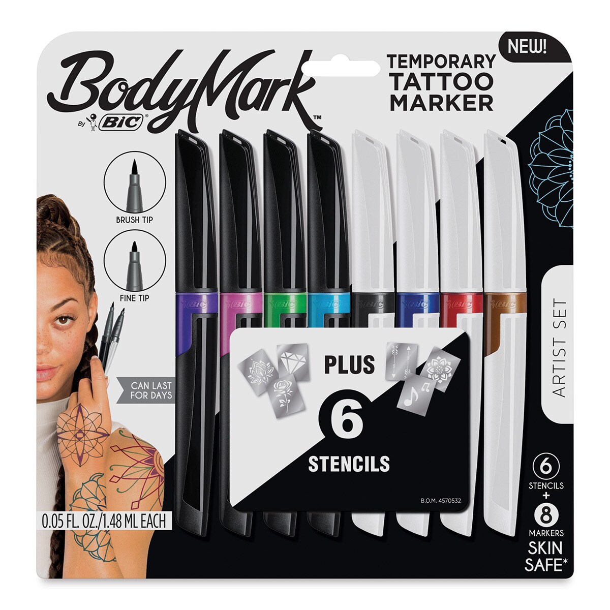 Bic BodyMark Mixed Tip Temporary Tattoo Markers - Set of 8, Assorted Colors