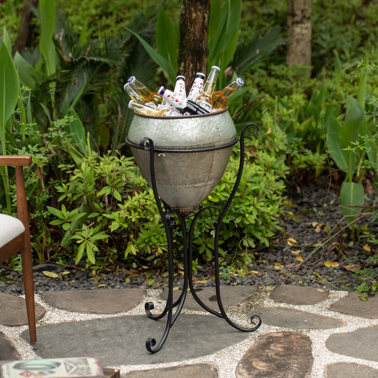 Silver Galvanized Metal Beverage Cooler Tub with Liner and Stand