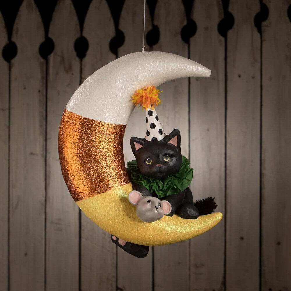 Bethany Lowe Designs Party Kitty on Candy Corn Moon Large Ornament ...