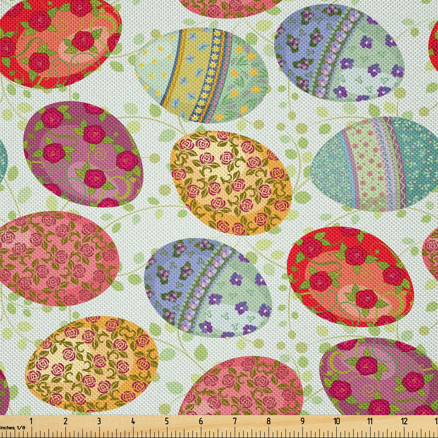 Ambesonne Easter Fabric by The Yard, Traditional Eggs Painted with Flowers Vintage Composition on Green Leafy Branches, Decorative Satin Fabric for Home Textiles and Crafts, 1 Yards, Multicolor