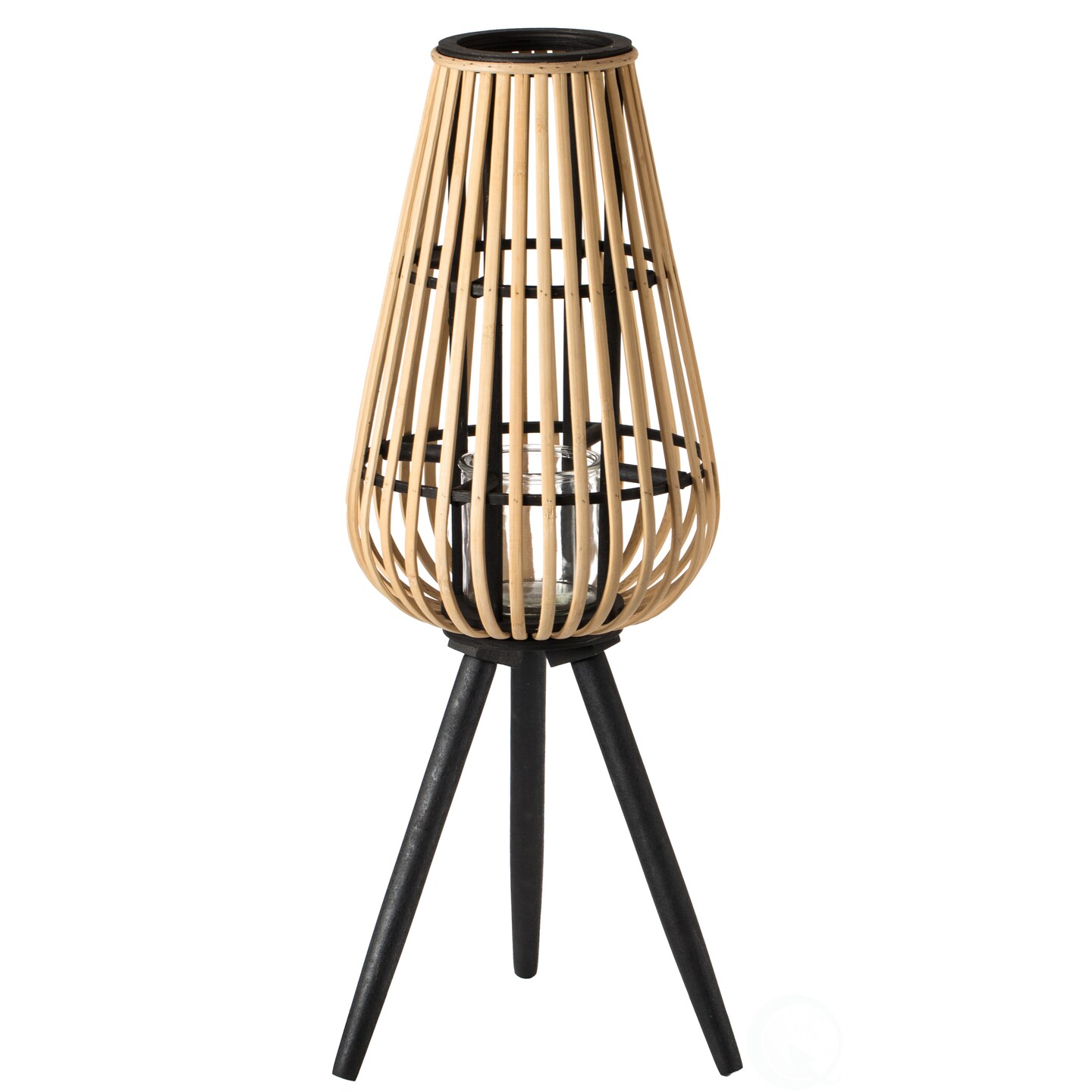 Indoor and Outdoor Modern Natural Bamboo Decorative Lantern with Black Stand and Glass Candle Holder
