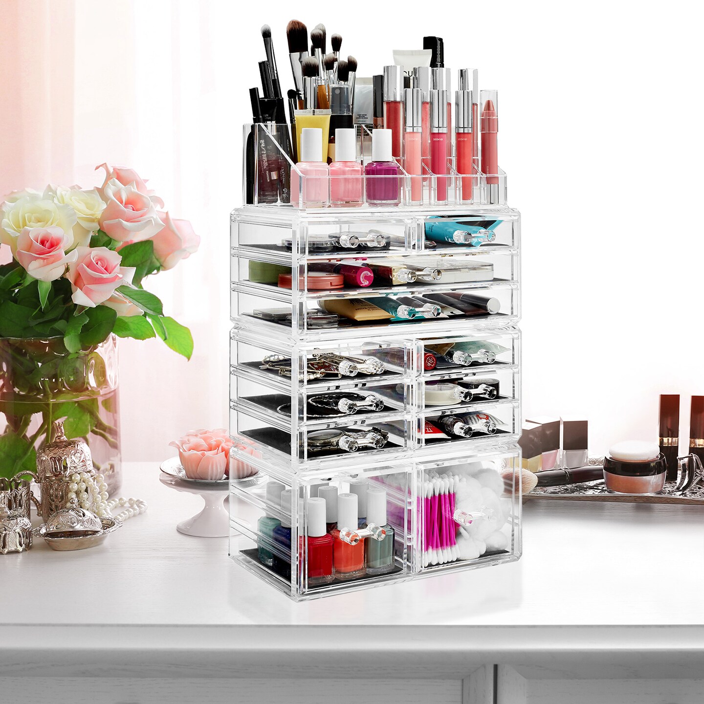 Casafield Acrylic Cosmetic Makeup Organizer &#x26; Jewelry Storage Display Case - Large 16 Slot, 2 Box &#x26; 10 Drawer Set - Clear