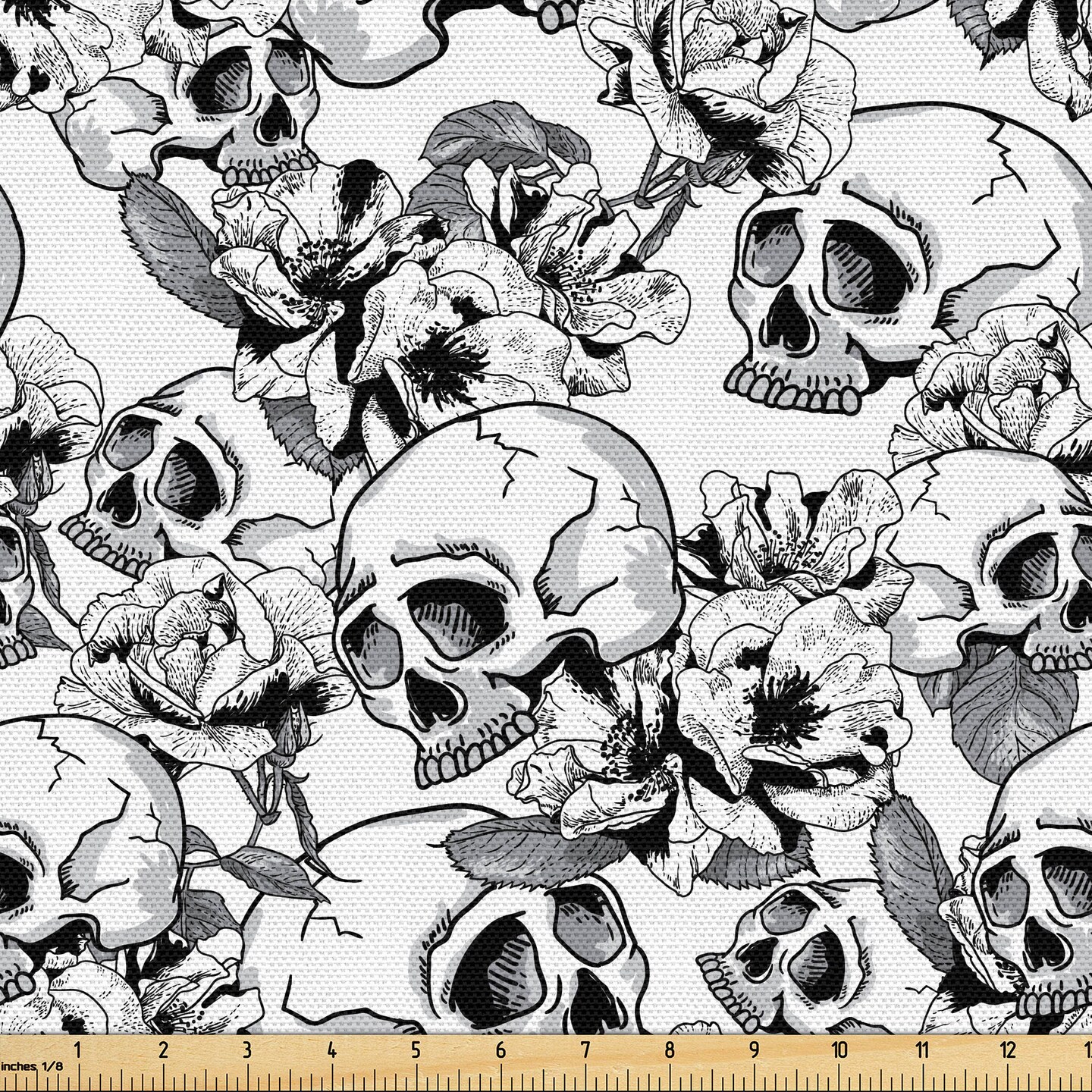 Ambesonne Day of The Dead Fabric by The Yard, Celebration Mexican Spanish Sketch Dead Skulls Art Print, Decorative Fabric for Upholstery and Home Accents, 10 Yards, Black White