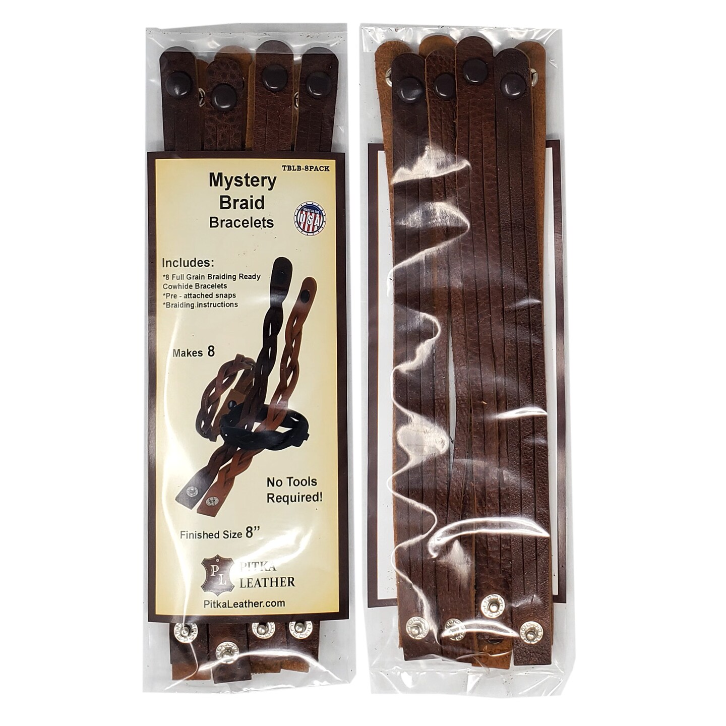 Mystery Braid Leather Bracelets Kit - 8 Brown Leather Bracelets Braiding Ready - Made in USA by Pitka Leather