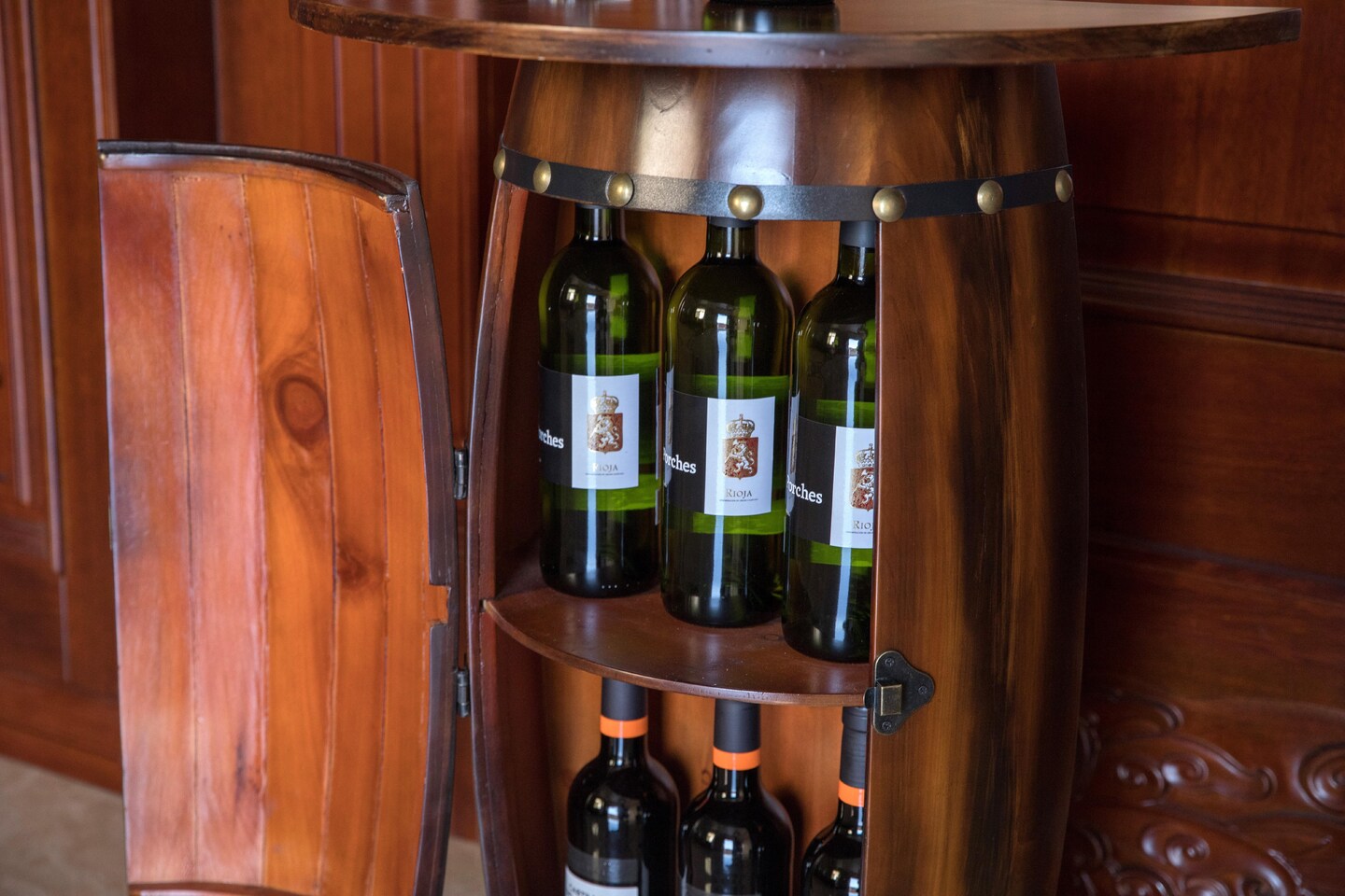 Wooden Wine Barrel Console, Bar End Table Lockable Cabinet