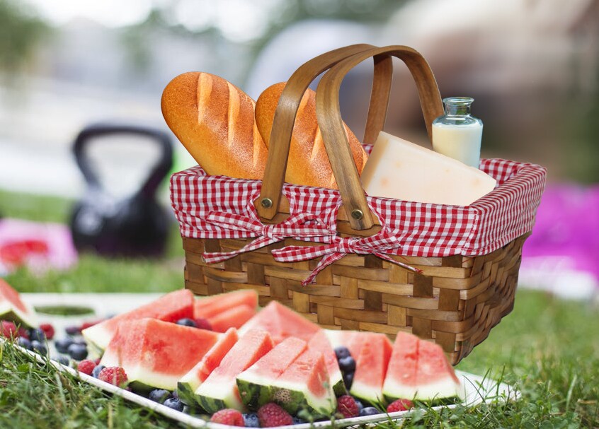 Small Rectangular Basket Lined with Gingham Lining, Carrying Handles