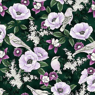 Fly Freely T7760-702S Flowers Deep Emerald Silver Cotton Fabric by Hoffman BTY