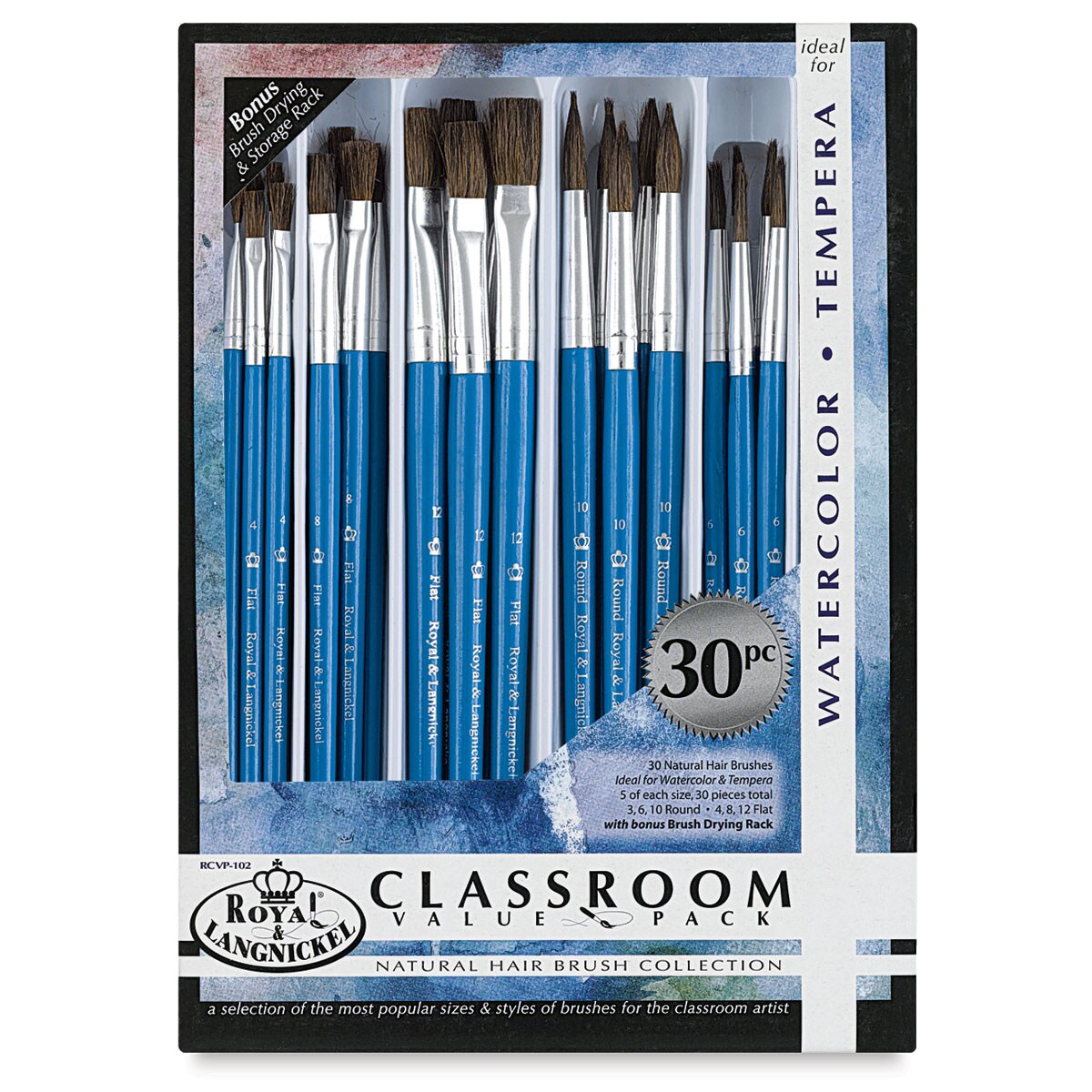 Royal &#x26; Langnickel Natural Hair Classroom Value Pack - Rounds and Flats, Set of 30