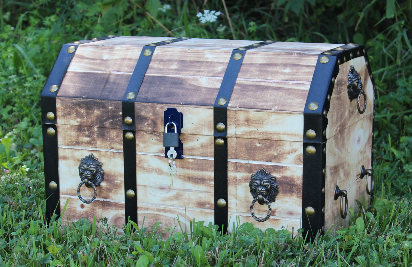 Large Wooden Decorative Lion Rings Pirate Trunk with Lockable Latch and Lock