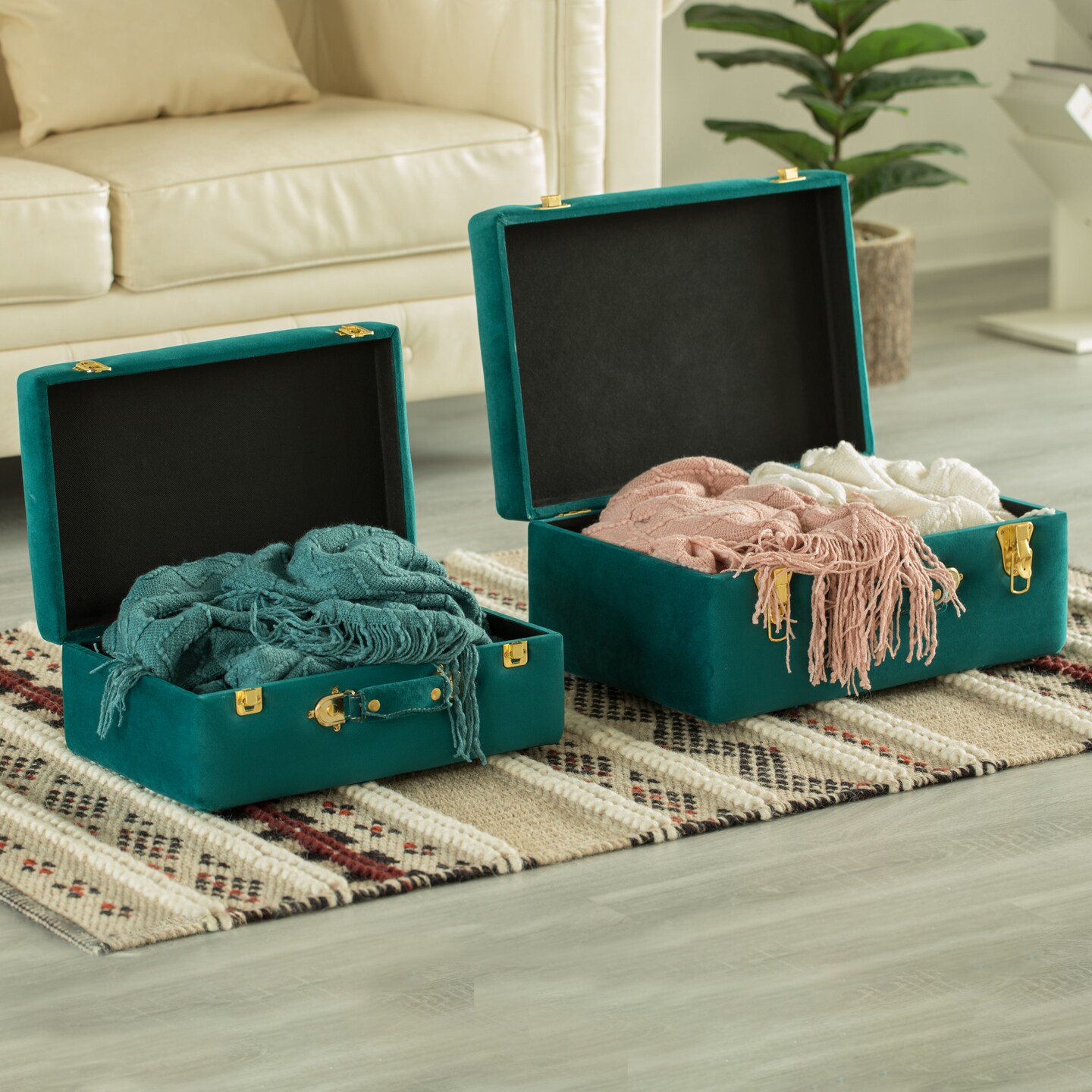 Decorative Tufted Velvet Suitcase Treasure Chest Set of 2