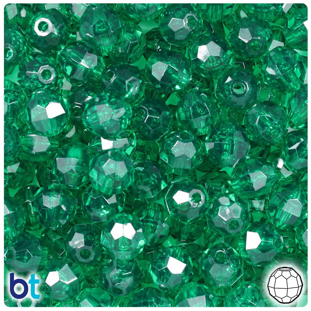 BeadTin Emerald Transparent 10mm Faceted Round Plastic Craft Beads (225pcs)